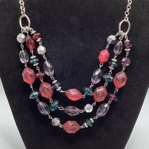 Source Unknown Red, Purple, and Green Multi-Strand Beaded Necklace